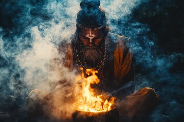 Shaman performing fire ritual in smoke