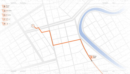 Minimal navigation map. Urban route with metrics and travel data route dashboard. GPS navigation, delivery logistics with orange path line. Vector illustration