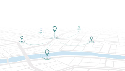 Minimalist featuring green route lines and pin markers. Travel concepts. Showing a planned travel path on map with river. Vector illustration