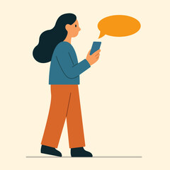 Woman walking while focused on her smartphone. Vector illustration for themes related to technology, lifestyle, remote work, digital habits, and urban mobility