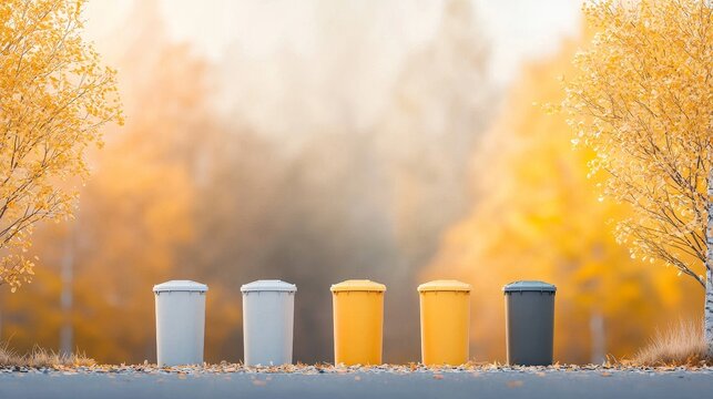 Recycling awareness campaign urban park waste management autumn colors front view environmental responsibility