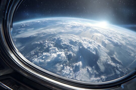 Sunrise over earth seen from spaceship window illuminating clouds