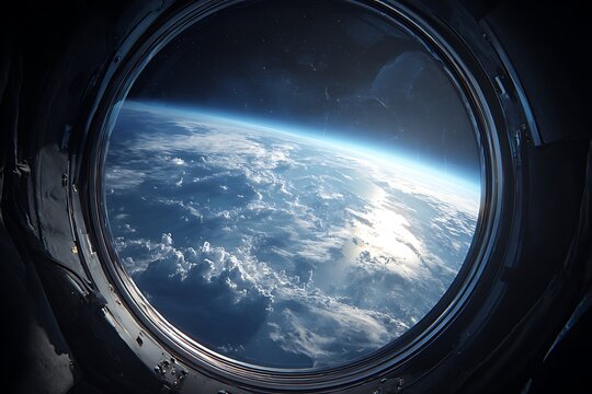 Fototapeta Planet earth seen from spaceship window showing atmosphere and clouds