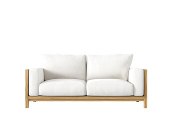 Obraz premium Two-seater sofa with light beige upholstery and light-colored wood frame