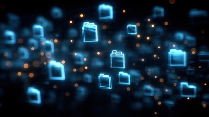 Abstract network grid with files and folders, futuristic software interface, digital document management system, store, search and organize documents, corporate business, paperless office	
