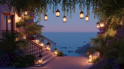 Naklejka premium Romantic Oceanside Villa at Twilight with Lit Lanterns