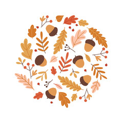 Bright round composition with acorns, colorful autumn leaves, berries and twigs. Warm palette in red-orange-yellow shades.