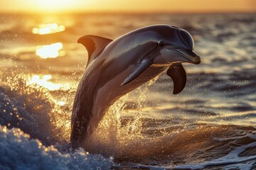 Surprised dolphin jumping at golden ocean sunset © Igor