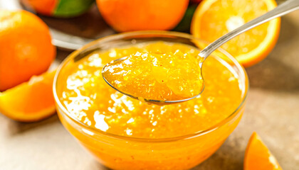 Silver spoon dipped in orange marmalade with floating rind pieces