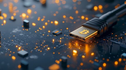 Bitcoin connection digital currency technology landscape visual data cyber environment close-up view cryptocurrency concept