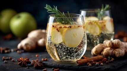 Sparkling Apple Ginger Cocktail with Rosemary Garnish