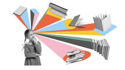 Colorful collage of thoughtful schoolgirl with flying books and colorful geometric rays. Concept of...