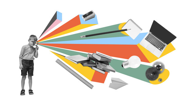Creative digital artwork of curious boy with magnifier and school supplies bursting from head. Concept of back to school learning, STEM exploration, early curiosity, and educational imagination.