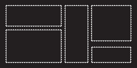 blank postage stamp collection, postage stamp in flat design, empty stamp set, postal shapes border, paper postmarks isolated on a background vector illustration set