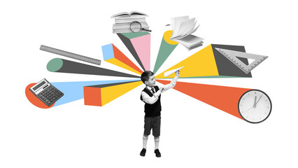Bright collage of enthusiastic boy throwing paper plane with educational icons around. Concept of classroom energy, creativity, math learning, and academic joy in back to school visuals.