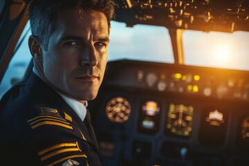 Airline pilot in uniform by cockpit window