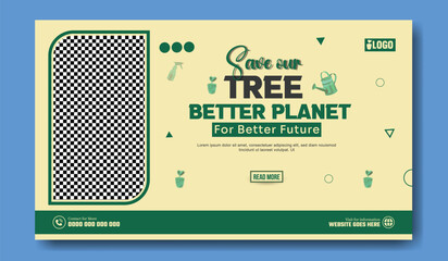 Green tree plantation event announcement with three stages of growth