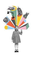 Collage of surprised girl pointing up with colorful school supplies on white background. Concept of back to school ads, childhood learning, kids education visuals, and creative awareness campaigns.