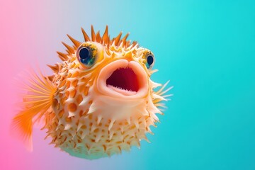 Pufferfish mid-inflation with surprised face