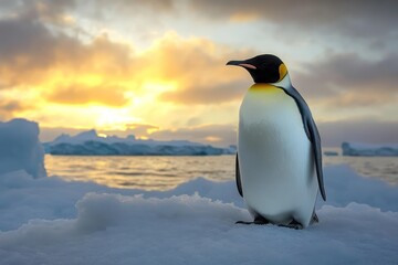 Fototapeta premium Emperor penguin on icy Antarctic horizon at sunset