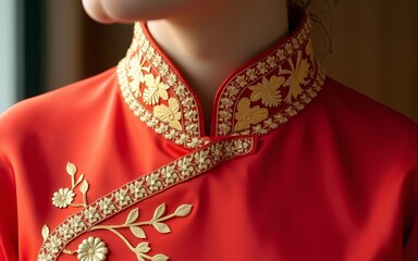 Ao dai collar with golden embroidery, showcasing Vietnam National Day's elegant cultural attire. High quality