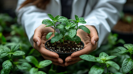 Doctor holding a green plant in hands wearing white coat symbolizing health and sustainability 