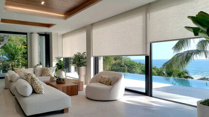 Living room with large windows overlooking the ocean and pool. Semi-open roller shades control the light, creating a cozy and luxurious beachfront atmosphere.