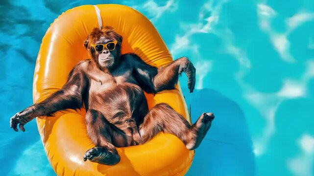 Playful primate lounging on an inflatable orange float in a shimmering blue swimming pool, enjoying a sunny day while wearing stylish sunglasses and relaxing in the water