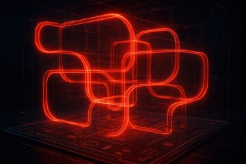 Futuristic holographic interface with glowing crimson energy streams and dimensional depth effects on dark technological backdrop