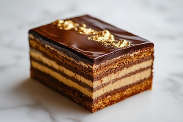 Elegant opera cake with gold detail on marble