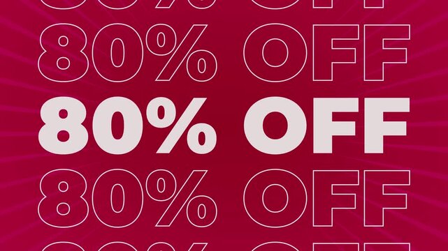 percent "off" discount intro compilation from 5% to 80% off (5%,10%,15%,20%,25%,30%,40%,50%,60%,70%,80%), discount red and white outline with retro sunburst rays for discounts, promotion and offers