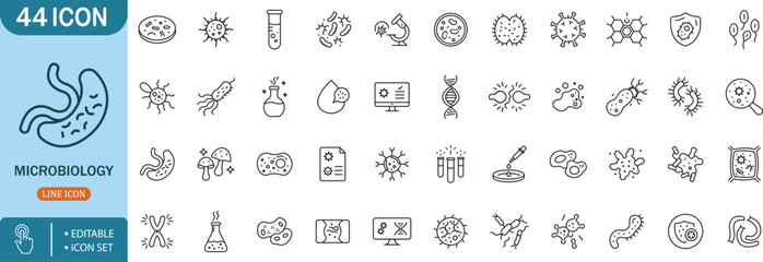 Microbiology Line Icon Set – Bacteria, Virus, DNA, Lab, Cell, Science, Health