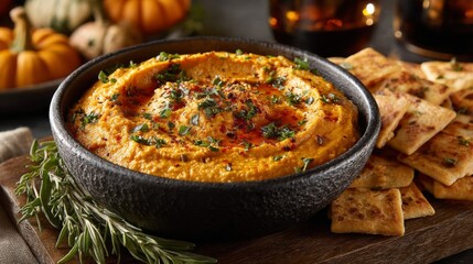 Pumpkin Hummus with Pita Bread and Herbs