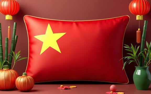 Vietnam National Day flag on silk cushion with bamboo leaves and lanterns. High quality