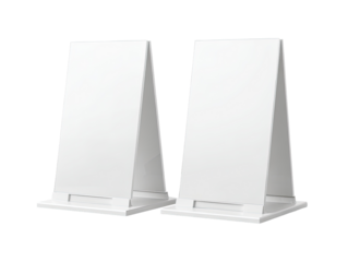 Two blank, white, A-frame, tabletop displays, angled outward