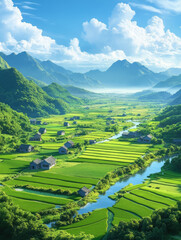 Fototapeta premium Aerial photography of rural outdoor green rice paddies, rural revitalization concept