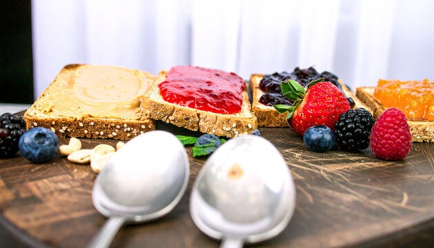 Toasted slices with peanut butter and four fruit flavored jams