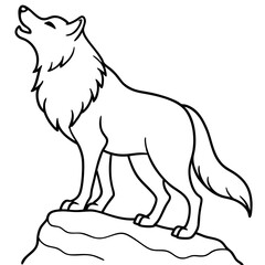 Wolf howling on rock line art vector