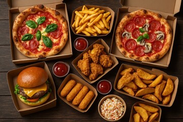 Gourmet takeout feast featuring artisanal pizzas premium burgers and fried chicken arranged on rustic dark wood surface