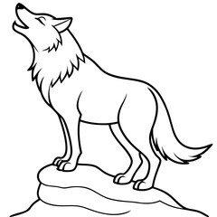 Wolf howling on rock line art vector
