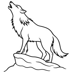 Wolf howling on rock line art vector