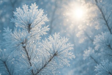 Hoarfrost-covered pine needles with crystalline ice formations illuminated by low winter sun creating magical forest atmosphere