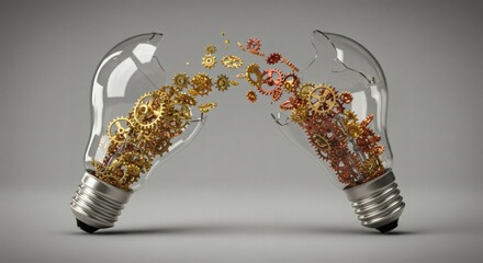 Idea Collision Gears Burst From Broken Light Bulbs with Gray Background.