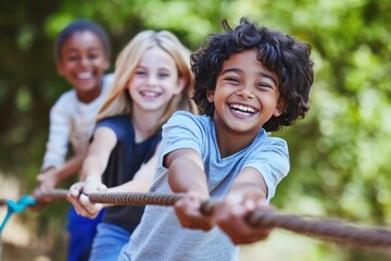 Diverse kids playing tug of war outdoors