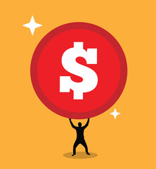 Strong Business Man Lifting a Big Coin Silhouette. Money and finances, working hard at a job vector art