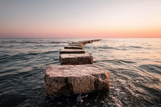 Stone pathway extending into a calm ocean at sunrise - Powered by Adobe
