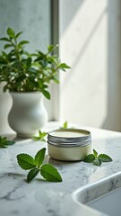 Herbal skincare cream in sunlit space with fresh mint leaves