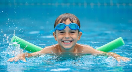 Naklejka premium Boys Pool Joy Swimming with Smiles, and and Summer Fun with bright blue tiles.