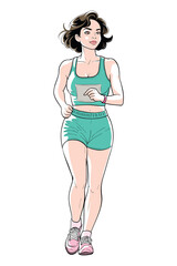 Young brunette woman jogging in sportswear, showing fitness, health, energy, and active lifestyle with focus and determination during morning workout. Perfect for wellness and sport themes.