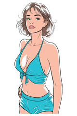 Vibrant, cartoon illustration depicts a confident woman in a blue bikini. With a relaxed smile modern short hair, happy summer lifestyle. ideal for vacation, beach, swimwear, summer fashion.